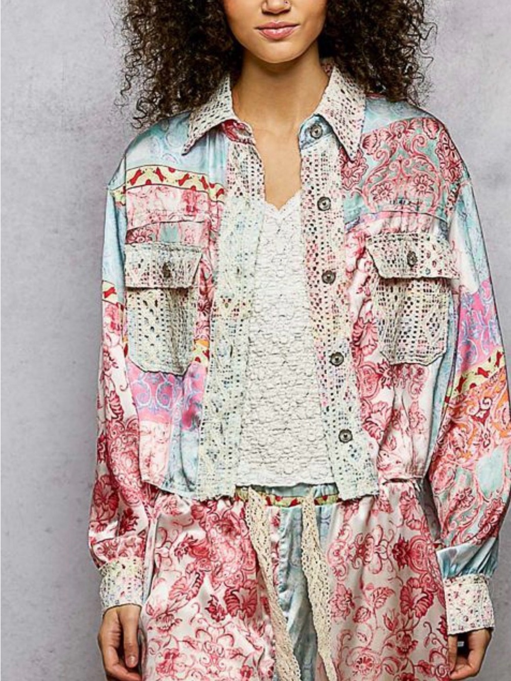 POL Pink Multi Patchwork Lace-Trim Button Up Top Size L